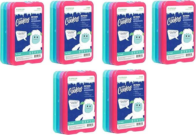 Cool Coolers by Fit & Fresh 4 Pack XL Slim Ice Packs, Quick Freeze Space Saving Reusable Ice Packs for Lunch Boxes or Coolers