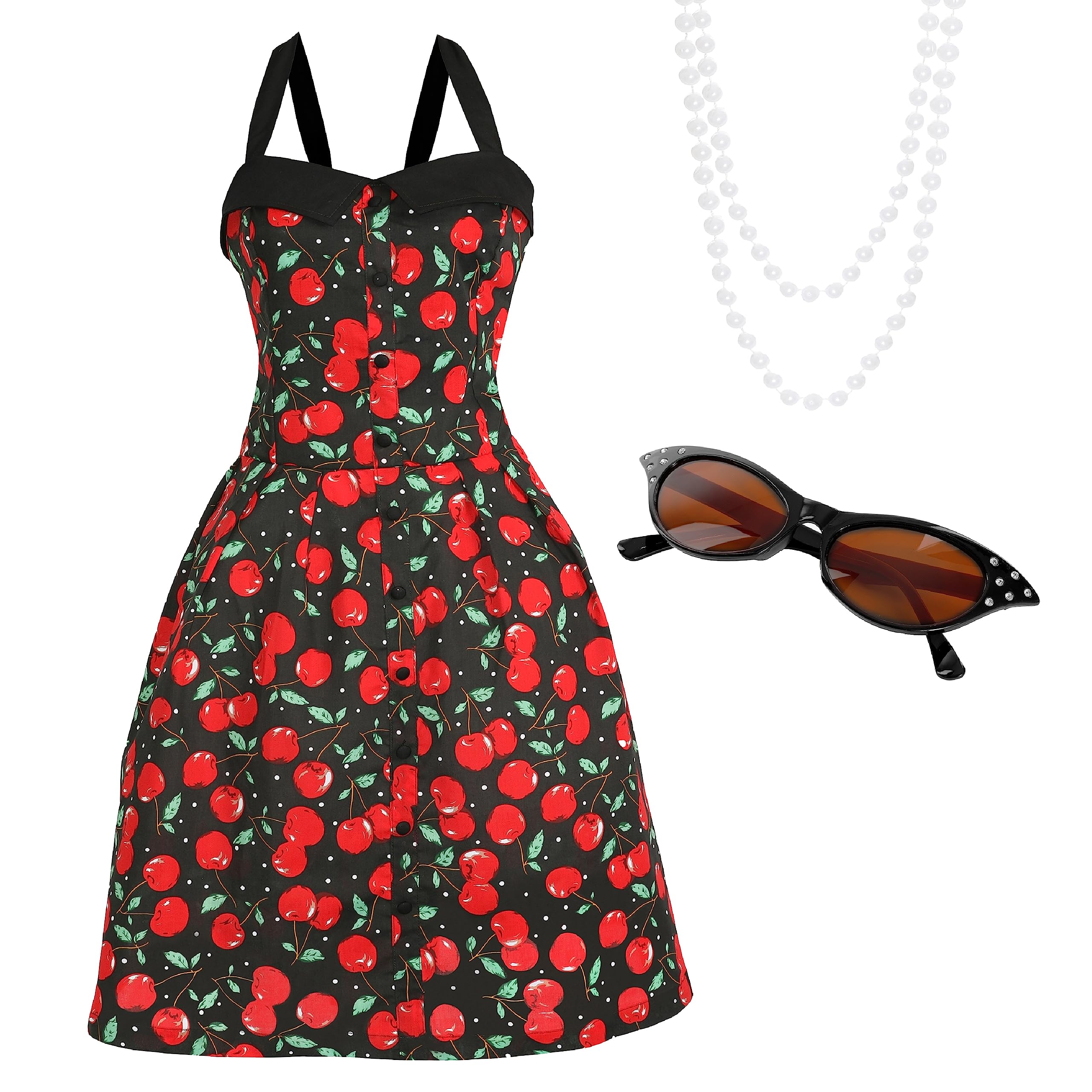 Ladies 1950s Costume Set - Small/Medium - Black & Red Rockabilly Dress, Black Cat Eye Glasses, Pearl Necklace - Adults 50s Party Fancy Dress Costume Set