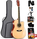 PYLE 41” Guitare acoustique coupée - Guitare de finition mat naturelle en pleine grandeur, 6 Chaînes d'acier avec/Gig Bag, Tuner, Extra cordes, Picks, Strap, Capo, Pour les débutants, les adultes, les enfants- main droite