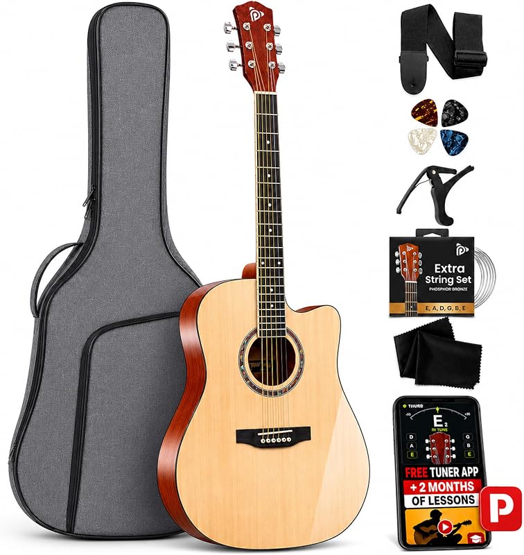 Pyle Full Size Acoustic Guitar Kit, Steel String, Dreadnought Cutaway, with Capo, Upgraded Gig Bag, Digital Tuner, 41" Full Size Mega Kit, Natural, Glossy