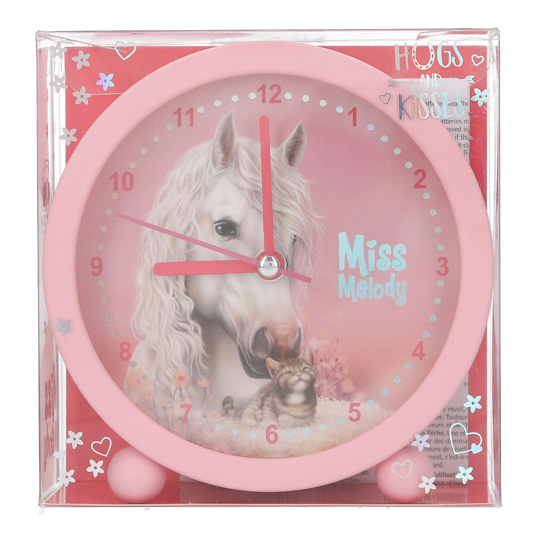 Depesche 14088 Miss Melody - Sveglia Rosa per Bambini con Motivo a Cavalli e Gattini, Orologio Silenzioso con Funzione Luce