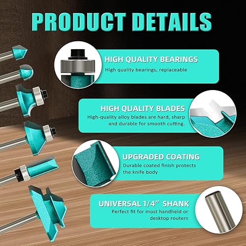 Miniatura 4 de CSOOM Juego de 15 piezas de brocas de router, juego de brocas de router de 14 pulgada de vástago para principiantes de carpintería, juego de brocas