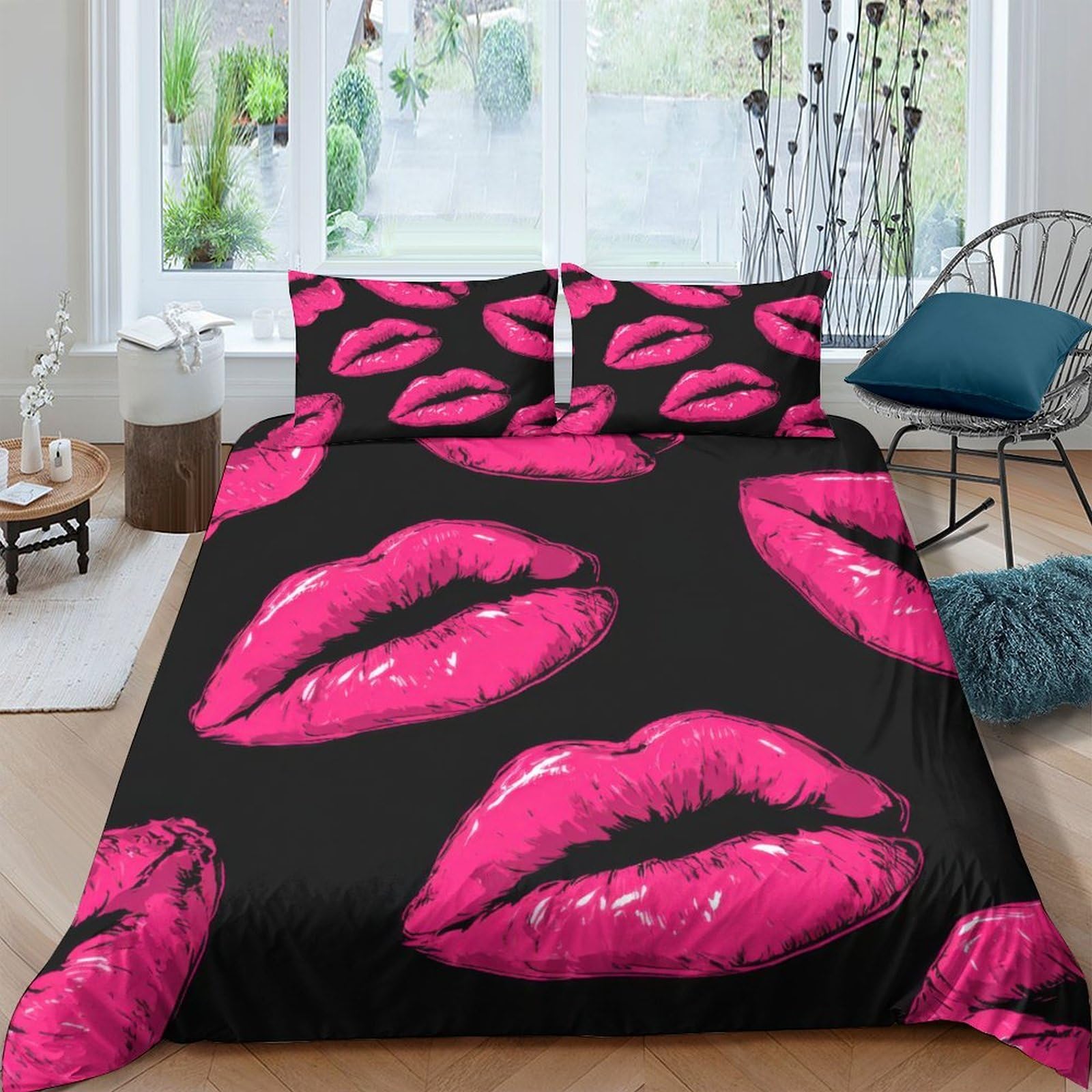Ctjqhvkz Style-8 3D Printed Pink Lips Fitted Sheet Microfiber Soft Black Kiss Pattern Bed Cover Bedroom Decor Mattress Protector Single（135X200cm）