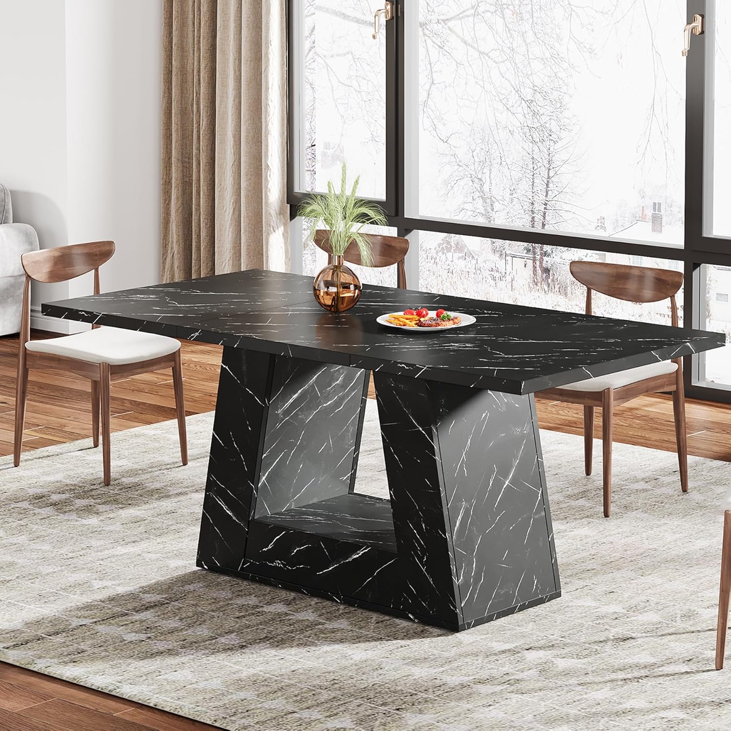 Tribesigns Dining Table for 4 to 6 People, 63" Rectangular Dining Room Table, Modern Wooden Faux Marble Dinner Table with Sturdy Base for Kitchen, Living Room, Black