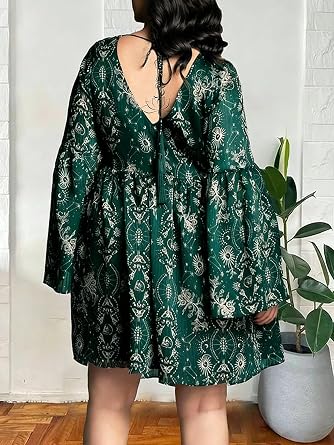 Womens Plus Size Black Celestial Moon Gothic V-Neck Long Puff Sleeves Mini Dress