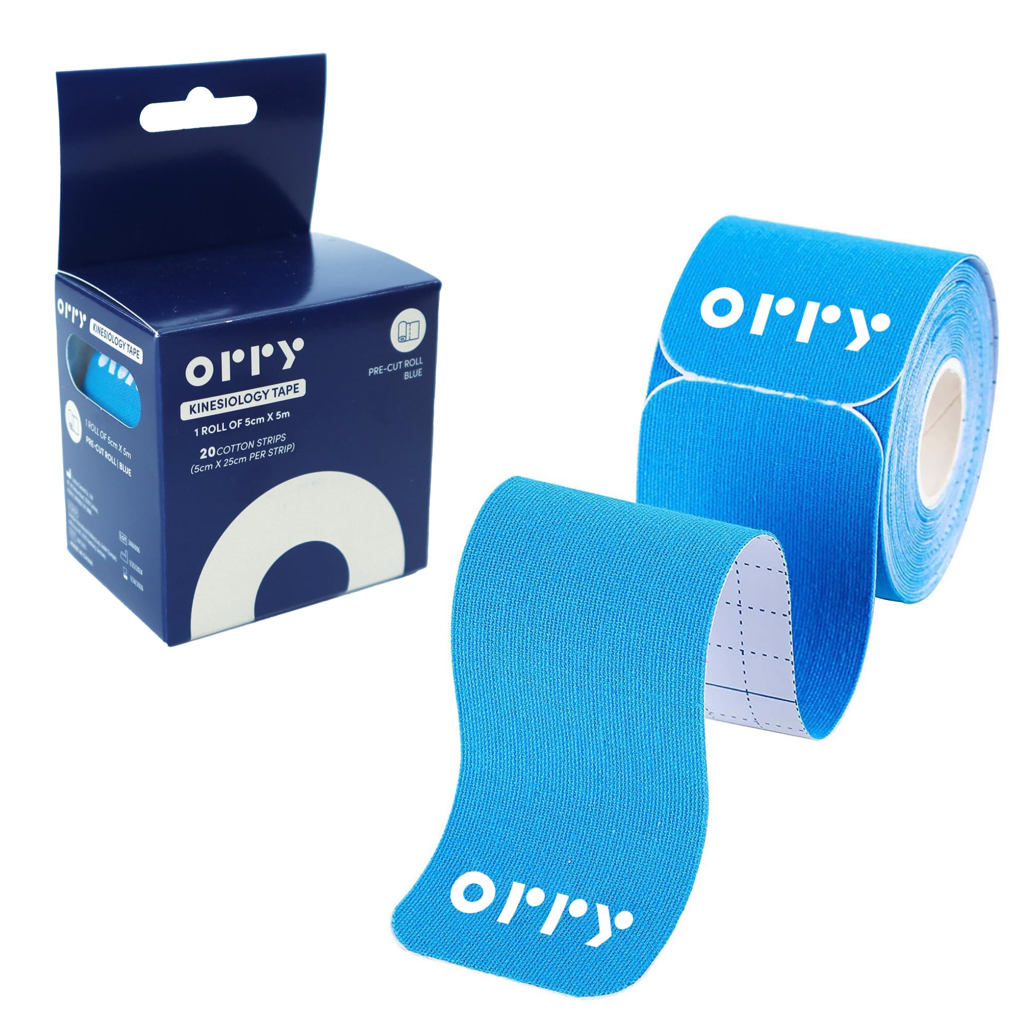 ORRY Kinesiology Tape - Joint Support & Muscle Pain Relief - Latex-Free, Water-Resistant, Elastic Cotton - Pre-Cut Roll, 20 Strips (Blue)