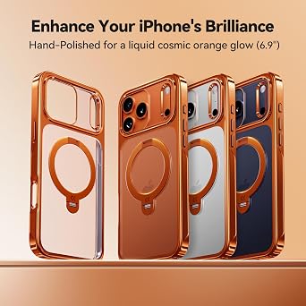 CASEKOO Glossy 360 Spin Magnetic Stand for iPhone 17 Pro Max Case [Fit for MagSafe][17FT Military Protection] Slim Hand-Polished Frame Titanium Alloy Sturdy Stand 6.9, Glossy Cosmic Orange