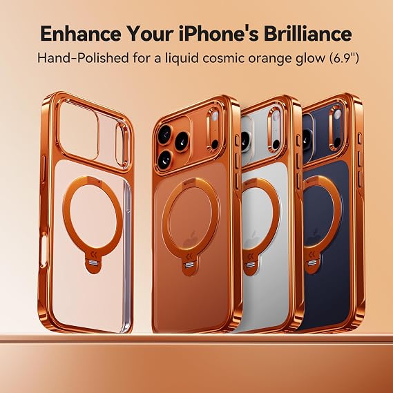 CASEKOO Glossy 360 Spin Magnetic Stand for iPhone 17 Pro Max Case [Fit for MagSafe][17FT Military Protection] Slim Hand-Polished Frame Titanium Alloy Sturdy Stand 6.9, Glossy Cosmic Orange