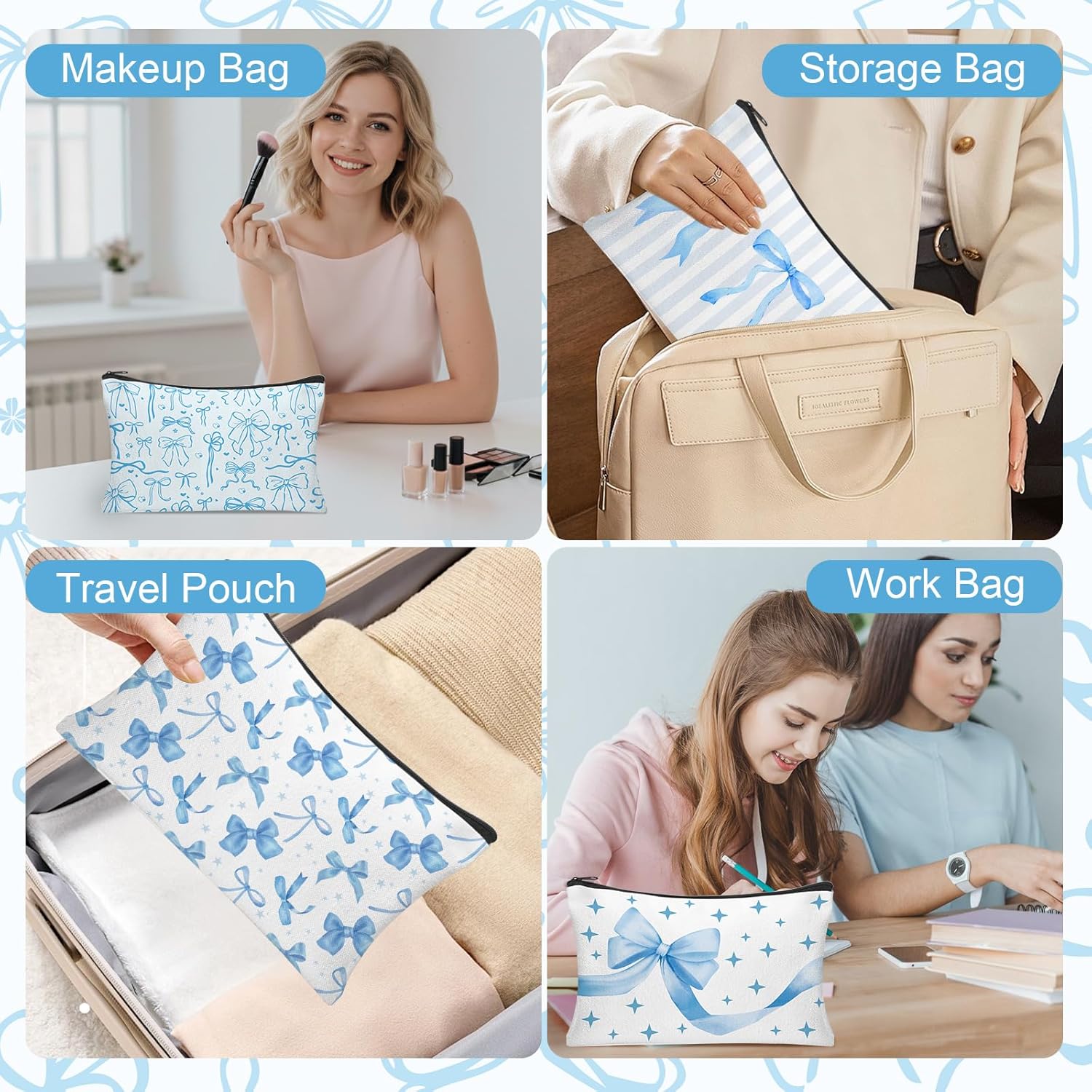 30pcs Blue Bow Makeup Bag Coquette Bow Cosmetic Bags for Women Preppy Pouch Travel Toiletry Bag Coquette Party Favors for Mother Bridesmaids Wedding Supplies