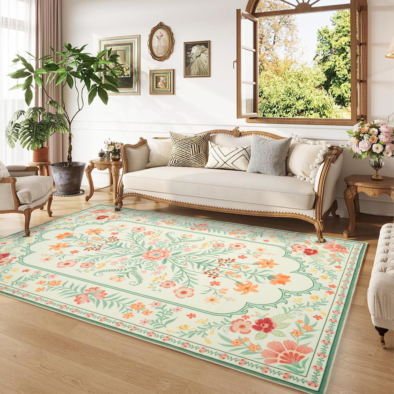 Instellar 4x6 Floral Area Rug - Washable Non-Slip Low-Pile Floral Pattern Rug for Bedroom Living Room Kitchen (Green)