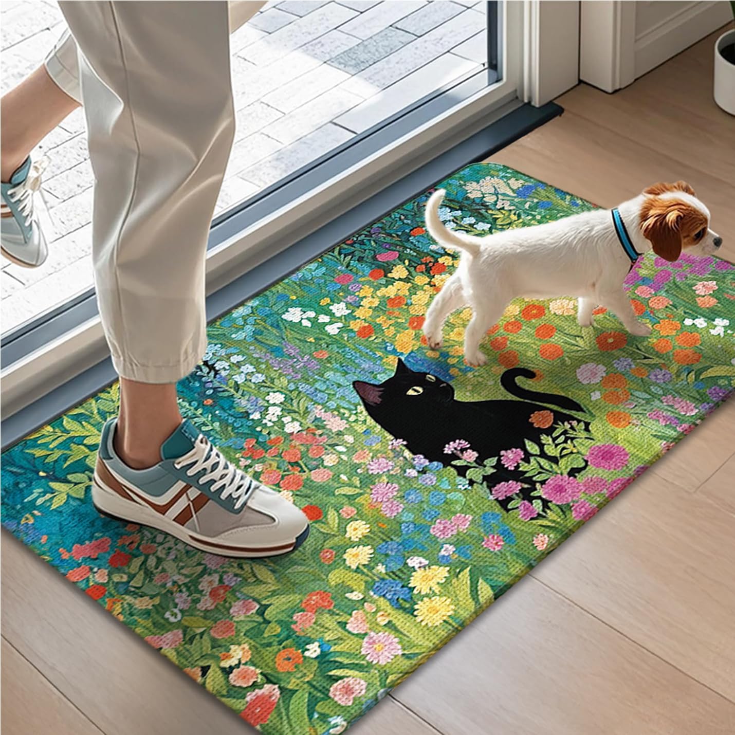 Floral Black Cat Welcome Door Mat, Cats Lover Door Mat, Cat Floral Doormat for Front Door Porch Outdoor Indoor Entrance, Cats in Colorful Wildflower Decor for Bedroom Bathroom, 17x30 Inches