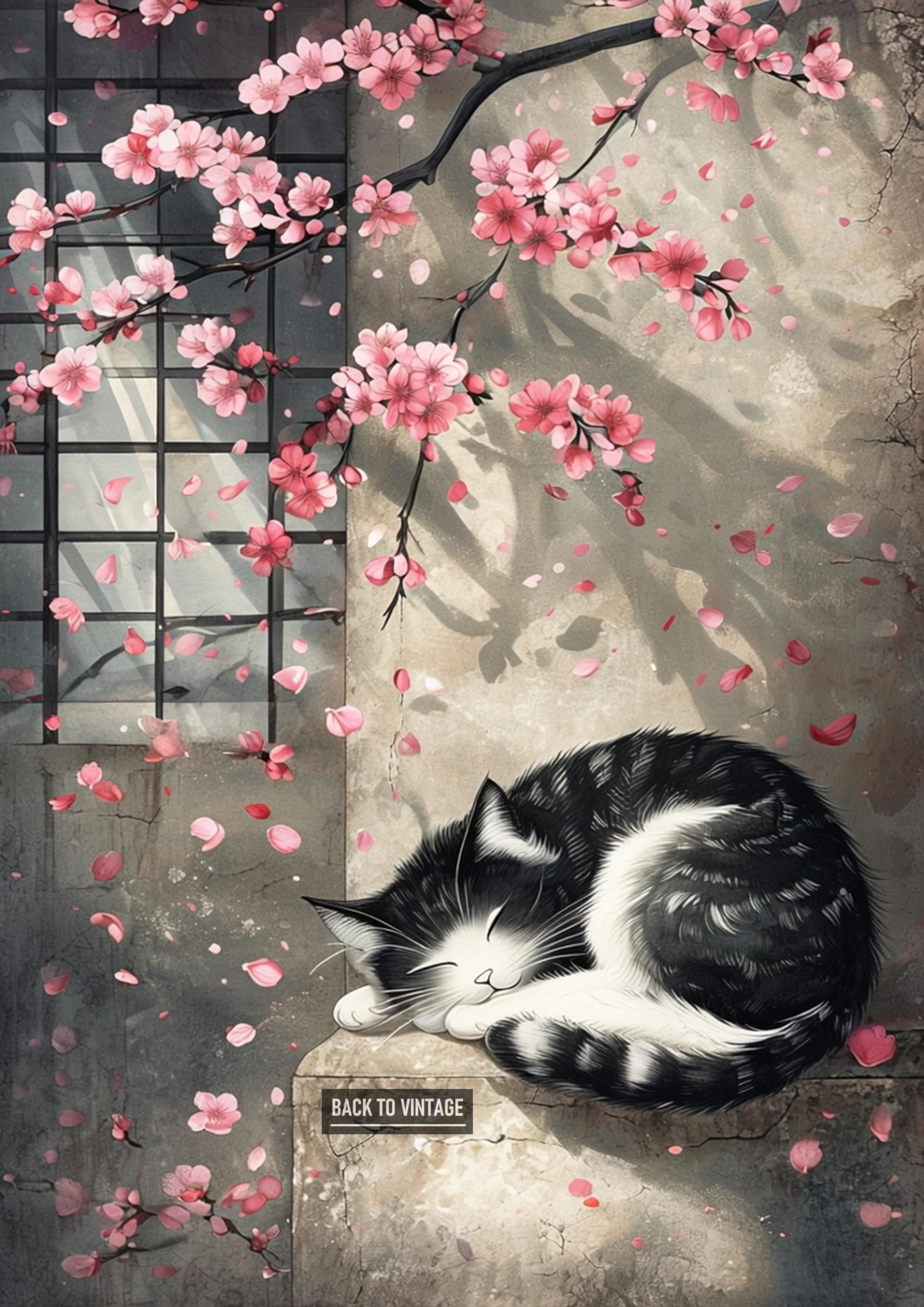 Black-and-white Cat Sleeping Amid Falling Cherry Blossoms - A4 Wall Art Poster Featuring Cute Cats Perfect for Home or Office Decor Brings Joy and Warmth to Any Room with Feline Fun