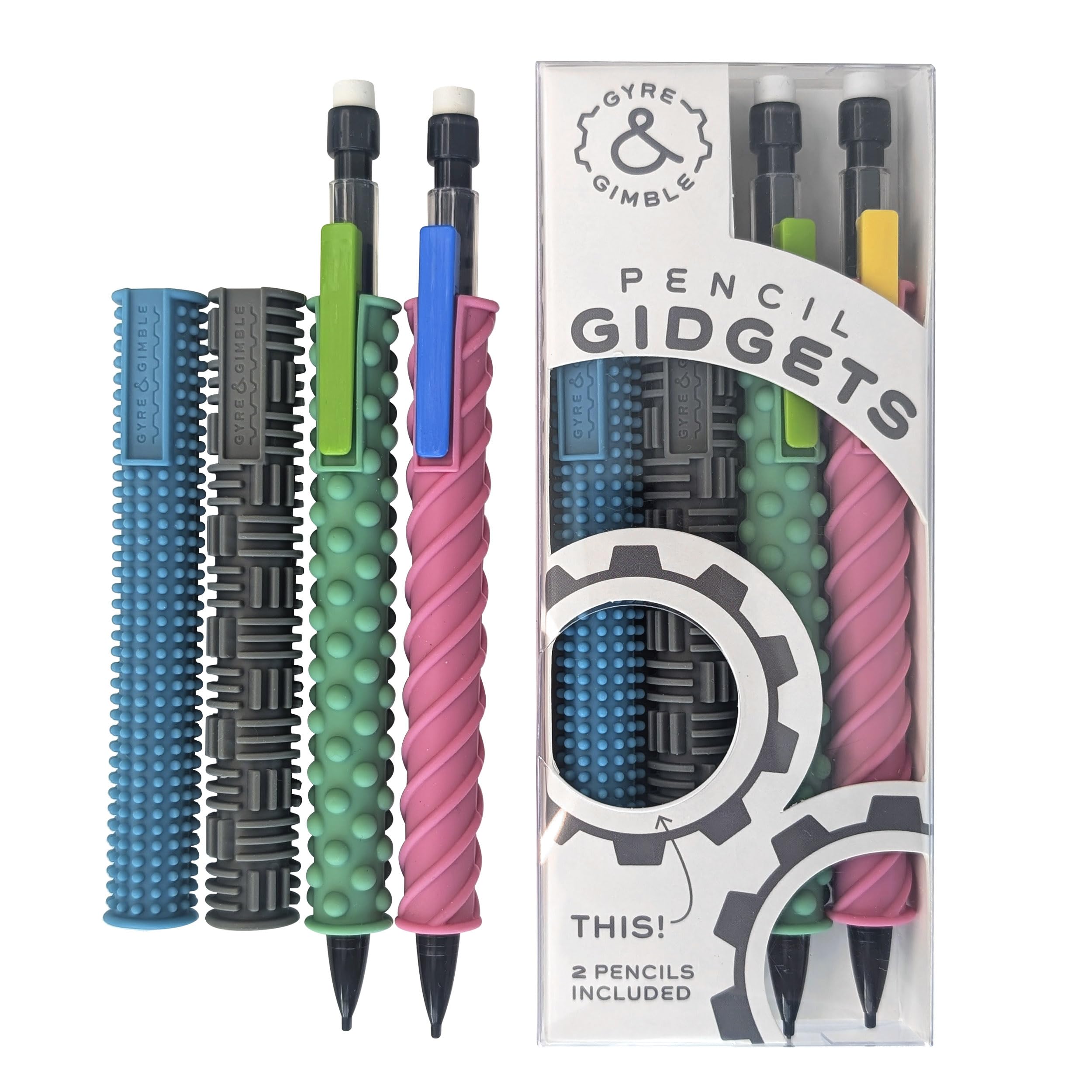 Pencil Gidgets – Textured Silicone Pencil Sleeve for Quiet Fidgeting – Transform Your Mechanical Pencil into a Sensory ADHD Tool for Kids and Adults – 4 Sleeves & 2 Pencils