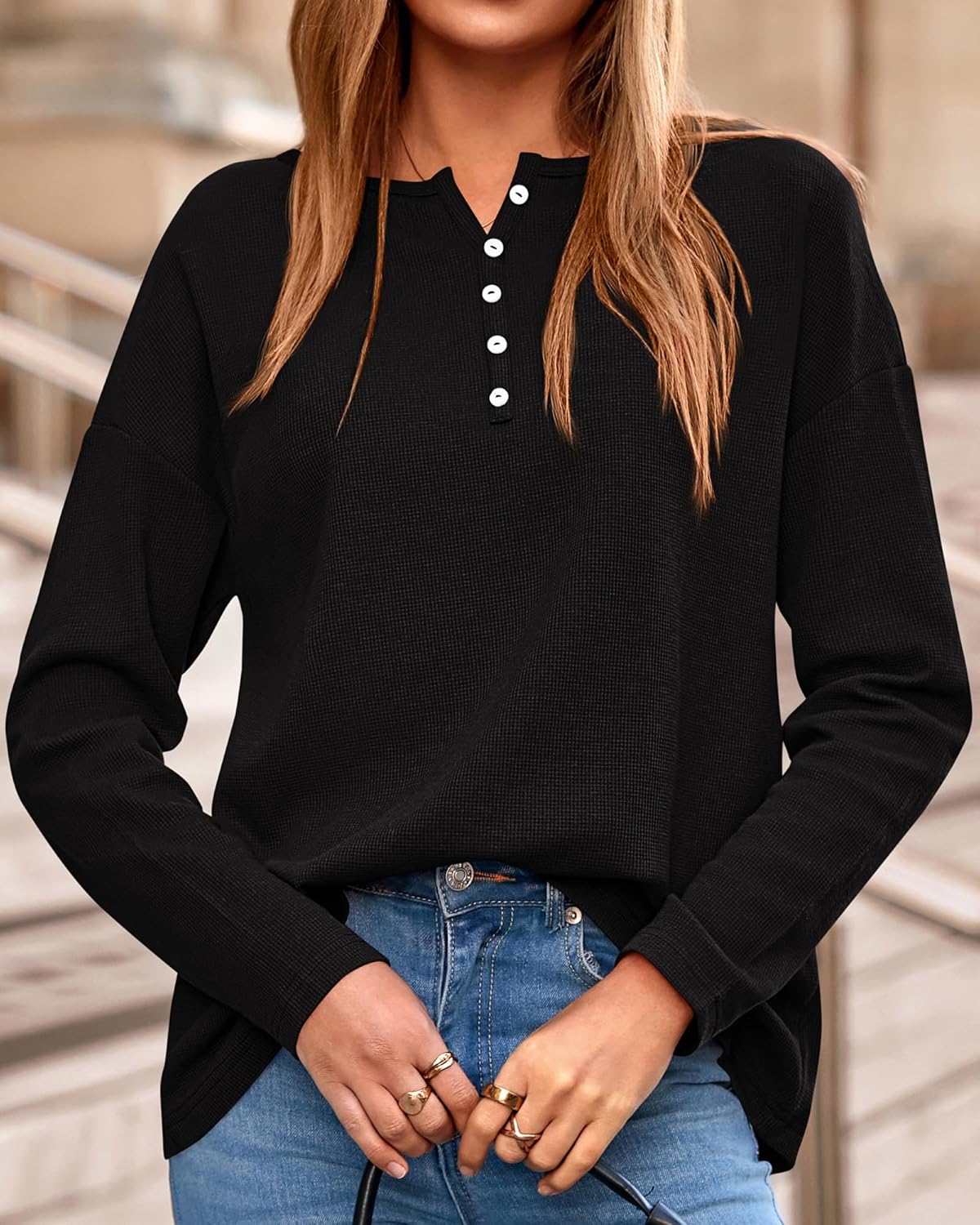 KIRUNDO Oversized Waffle Knit Tops for Women 2025 Fall Long Sleeve Henley Shirts Casual Blouse Deco Button Fashion Clothing - Image 5