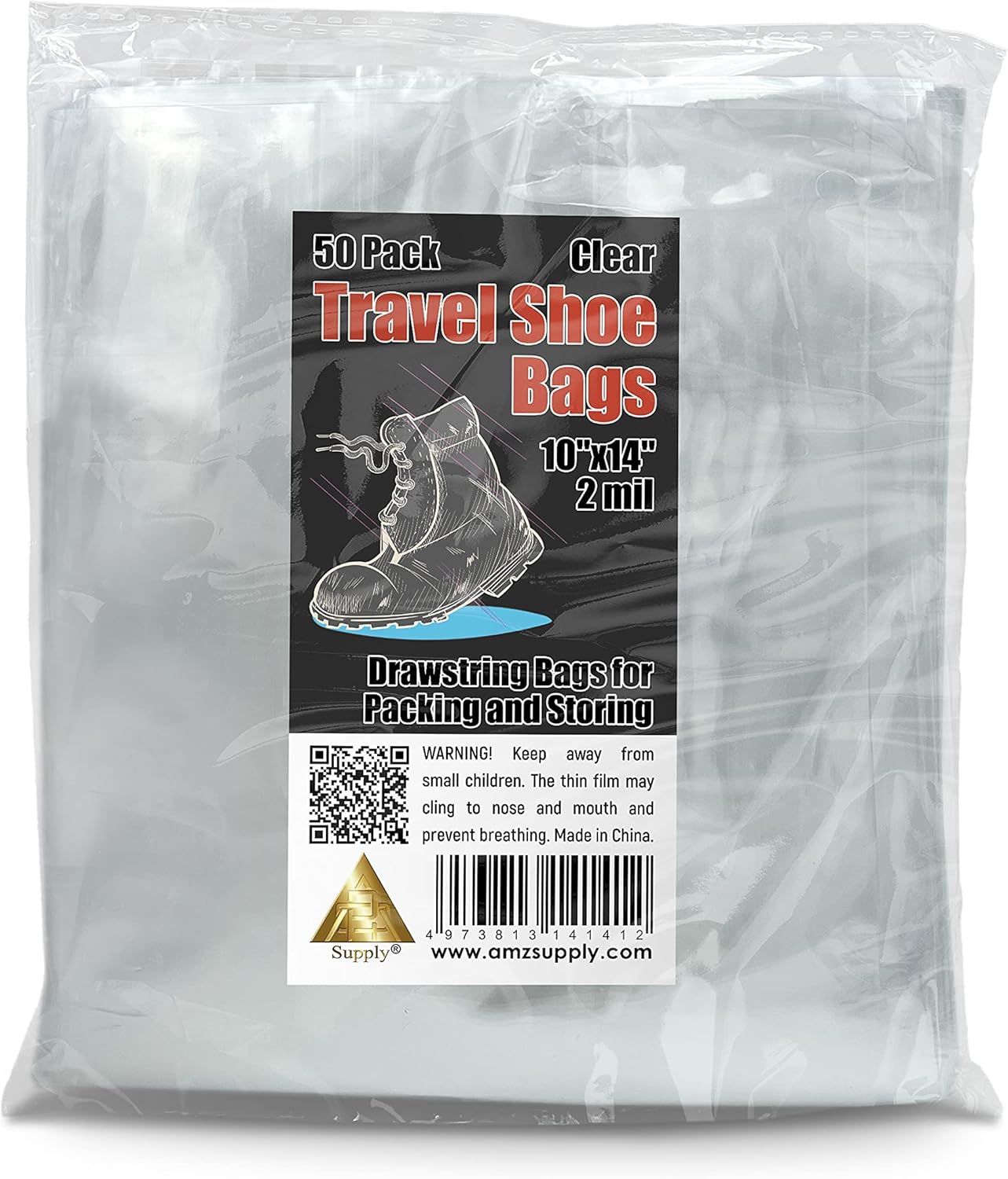 APQ Clear Drawstring Bags 10" x 14", Pack of 50 Travel Shoe Bags for Packing, 2 mil Drawstring Gift Bags, Waterproof Travel Shoe Bag, Shoe Bags for Storage with Double Cotton Drawstrings : Health & Household