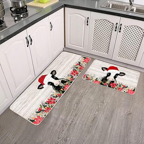Miniatura 4 de Juego de 2 tapetes de cocina de vaca navideña, 17 x 29 y 17 x 47 pulgadas, diseño de flor de pascua, antideslizantes, para el hogar