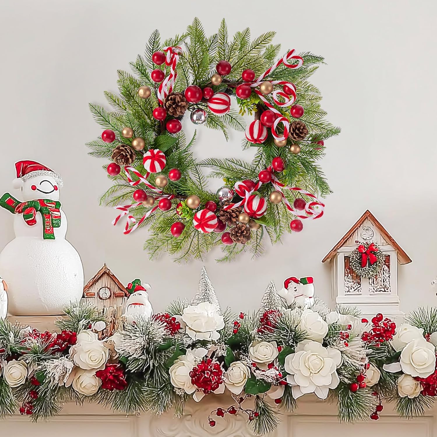 WDS WONDROUS 24 Inch Artificial Christmas Wreath for Front Door Decor, Xmas Wreath Candy Canes, Christmas Ornaments, Pine Needles, and Red Berries for Door Wall Windows Outdoor Decor - Image 4