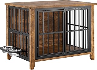 Lulive Dog Crate Furniture, Wooden Dog Kennel Indoor with Adjustable 360°& Height Dog Bowls, Double Doors Furniture Dog Crates End Table for Small/Medium 31.5" L*22.5" W*25.6" H, Brown