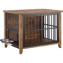 Lulive Dog Crate Furniture, Wooden Dog Kennel Indoor with Adjustable 360& Height Dog Bowls, Double Doors Furniture Dog Crates End Table for Small/Medium 31.5" L*22.5" W*25.6" H, Brown