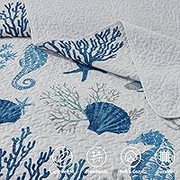 Vista 5 de LEAONME Coastal Quilt Set Full/Queen Size - Lightweight Microfiber Reversible Bedspread, 90''x98'', Sea Blue, Includes 2 Shams