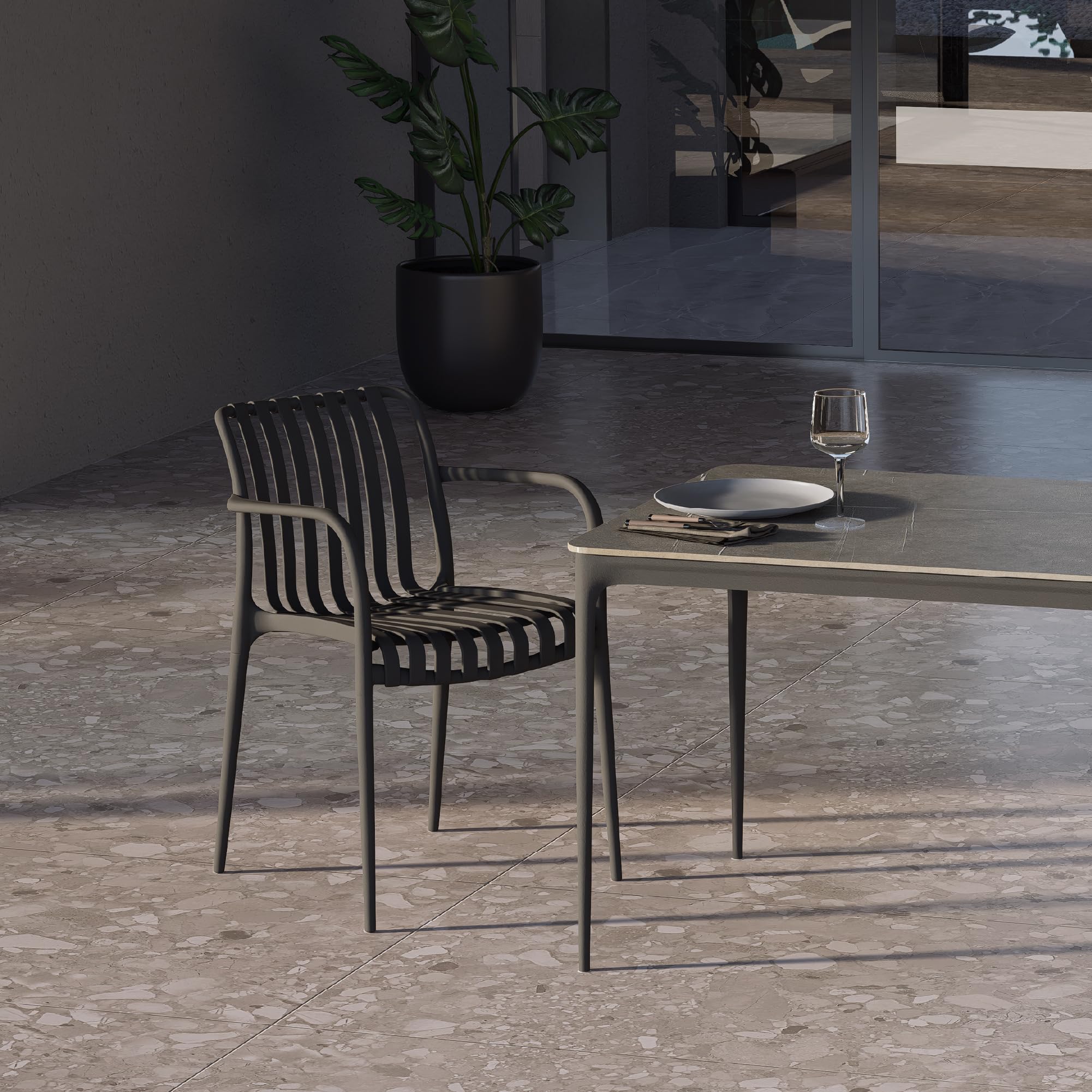 Conjunto de Mesa y 4 sillas Ruth Wendy - Mesa de cerámica sinterizada de 140 x 80 cm con sillas de Polipropileno, diseño Elegante y Moderno, fácil de Limpiar, para Interiores y Exteriores
