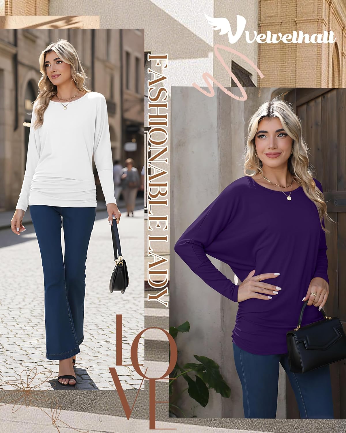 3 Pack Women's Dolman Sleeve Tops Casual Long Sleeve Flowy Side Ruched Shirts Round Neck Bat Wing Draped Basic Tee - Image 2