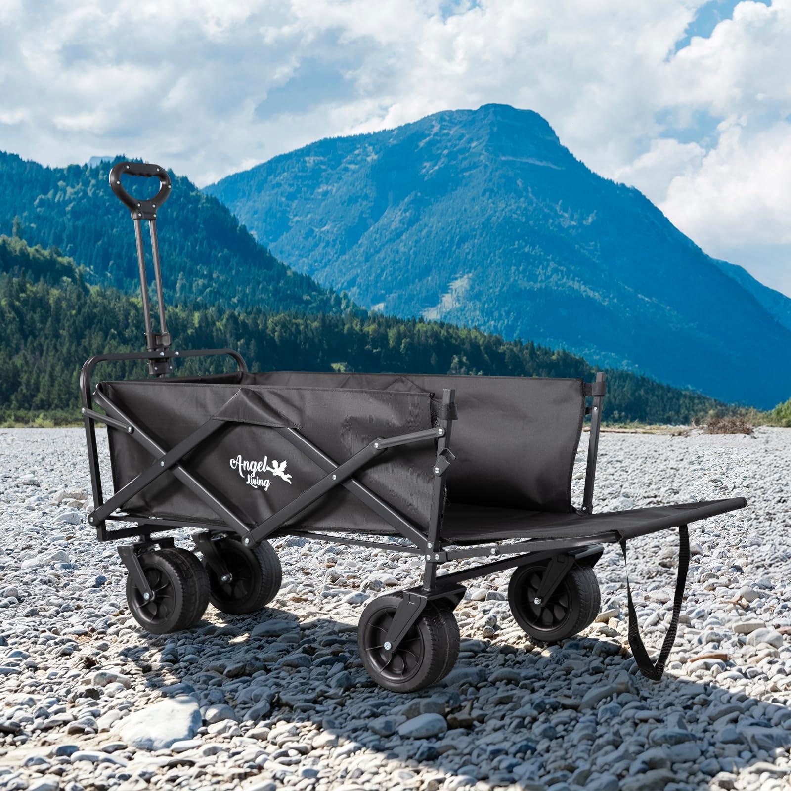 Angel Living 350L Carro Plegable de Mano con Frenos, Carrito de Playa con Ruedas Grandes de 7 Pulgadas, Carro de Camping de Todoterreno con Puerta Trasera Ajustable, para Camping, Deporte, etc