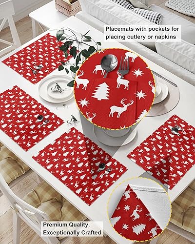 Miniatura 2 de Christmas Elk Table Placemats for Dining Table Set of 4,Cotton Linen Cloth Kitchen Place Mats with Pocket,Washable Burlap SquareRectangleRoundOblong