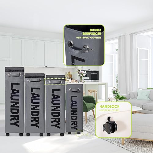 Miniatura 4 de Cesta de lavandería delgada de 26 pulgadas, cesta de lavandería con ruedas (4 colores), contenedores de almacenamiento plegables en las esquinas,