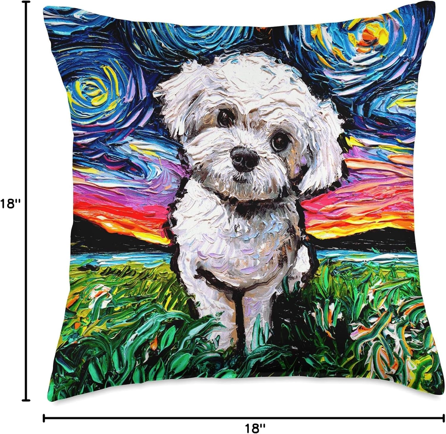 Maltipoo Starry Night White Maltese Poodle Dog Lover Artwork Throw Pillow