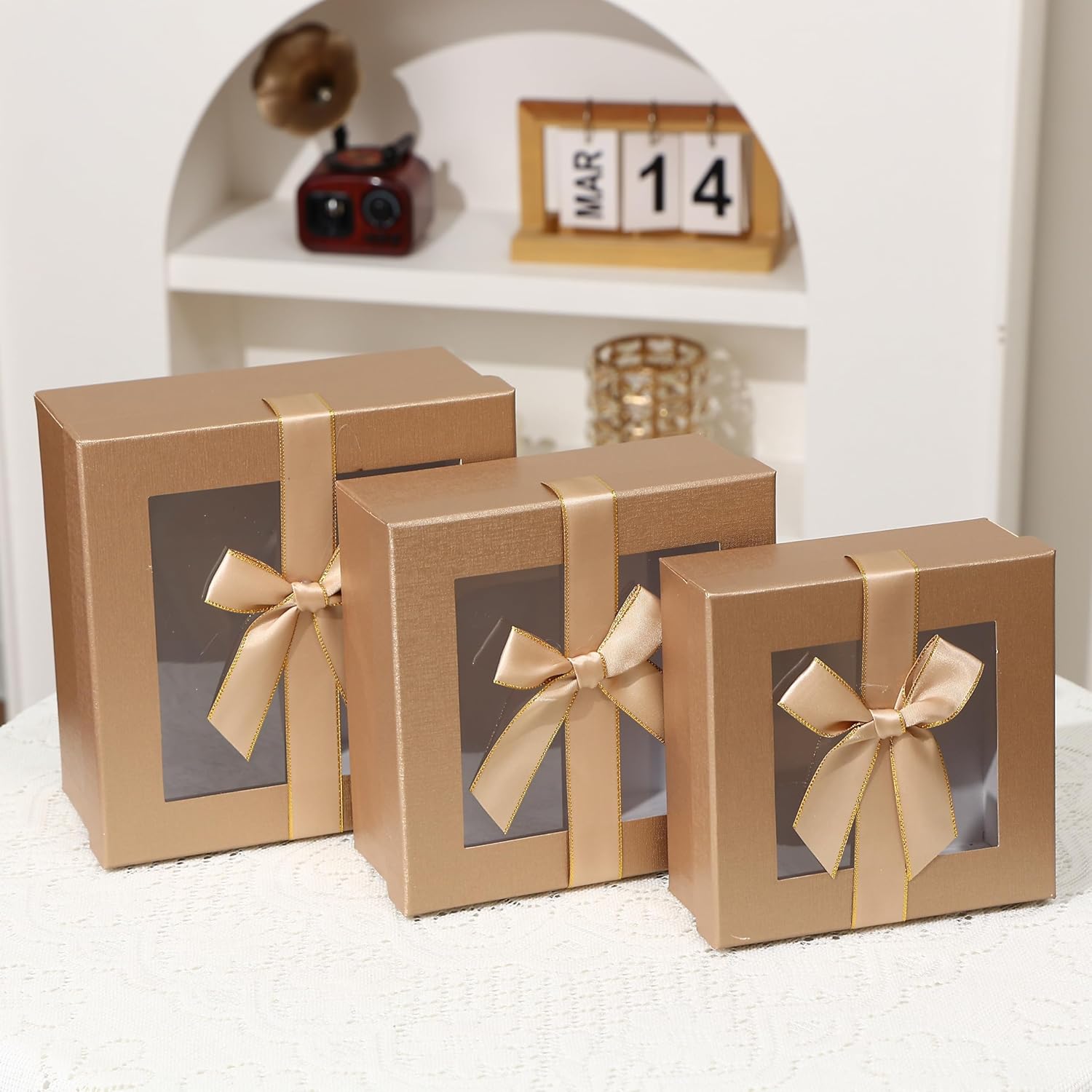 HOME ELEMENTS 3 Pcs Set of Luxury Gift Box Set With Window, Bridesmaid Box, Decorative Gift Packing Boxes For Presents Diwali Christmas Wedding Birthdays Special Occasions (Brown),Paper, Cardboard