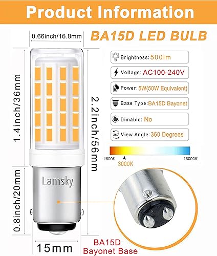 Miniatura 2 de BA15D Bombilla LED para máquina de coser, base de bayoneta de CC de 5 W, blanco cálido 2700 K, equivalente a bombilla halógena de 50 W, entrada de