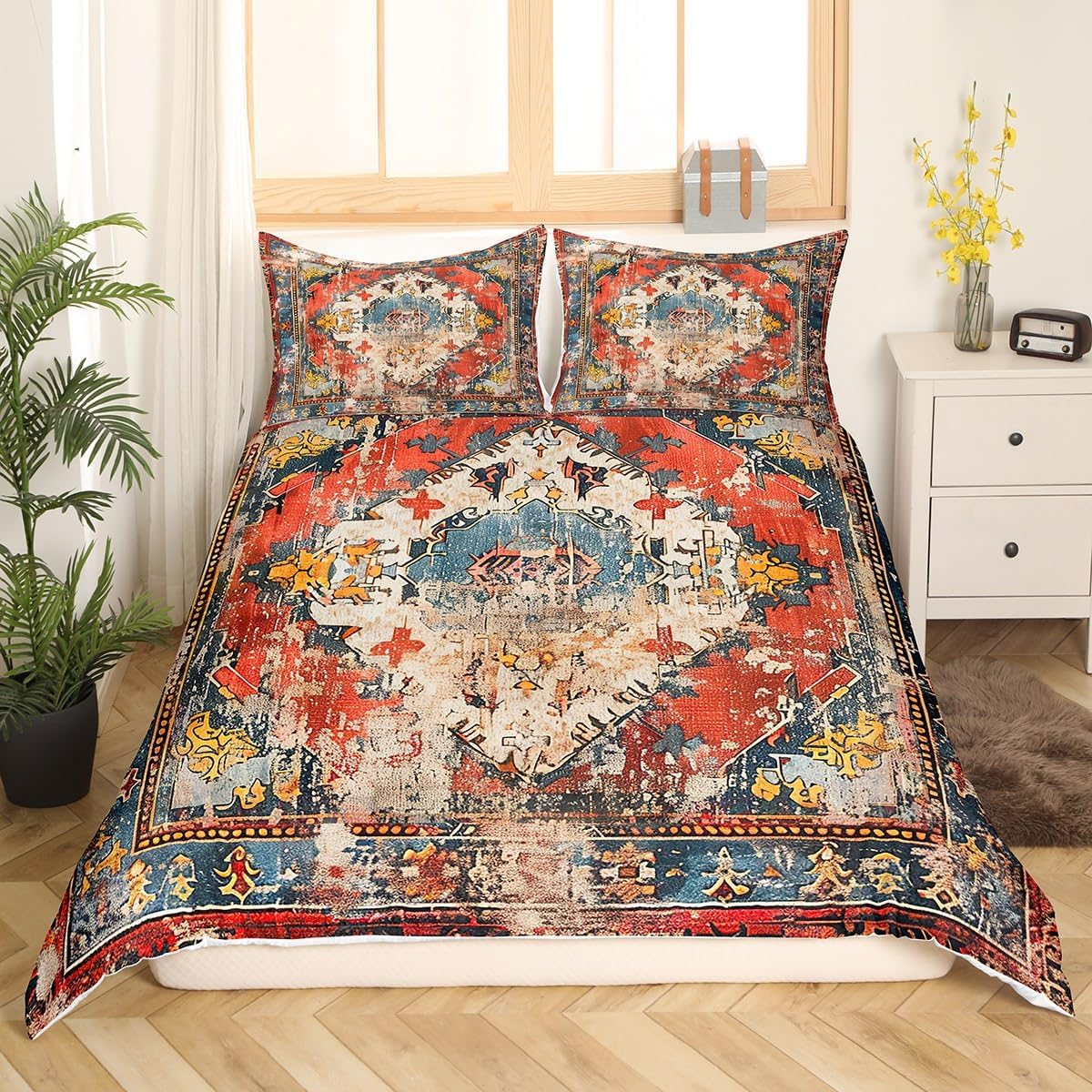Erosebridal Ethnic Tribal Duvet Cover King,Bohemian Flower Bed Set for Girls Women Teens,Distressed Bedding Boho Medallion Comforter Cover,Vintage African Style Quilt Cover with 2 Pillow Cases,Red