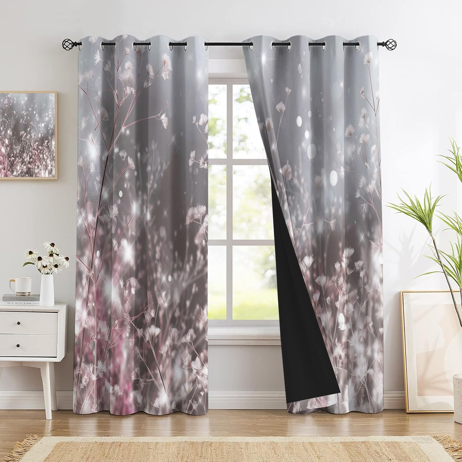 Rideau Occultant Isolant Thermique, Anti Froid Rideaux Opaque pour Chambre Coucher Salon Fleurs Art Décor Chambre, Motif Plantes Gouttes De Rosée, 140L X 225H cm, 2 Panneaux, Poudre de Cendre