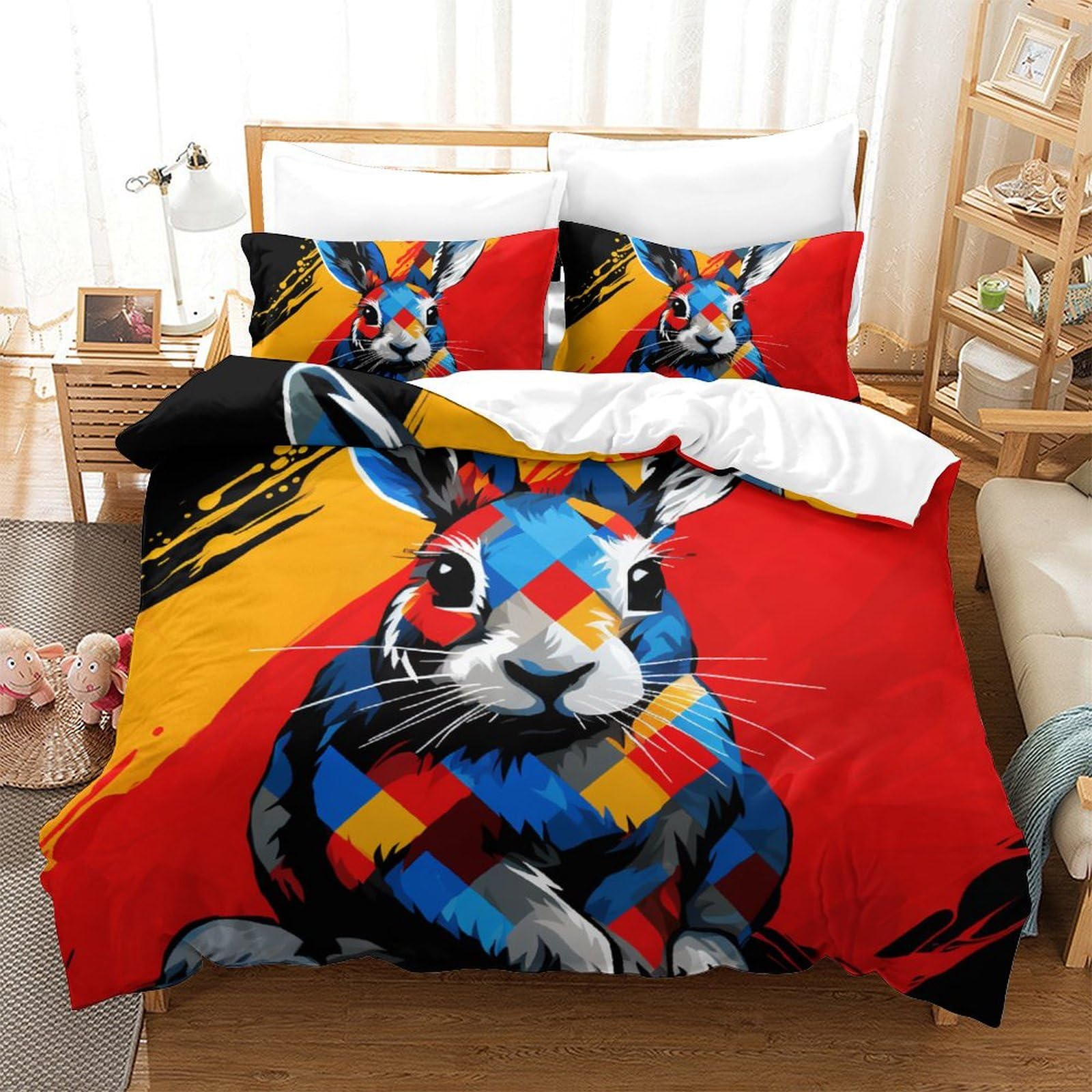 Housse de couette King 220x240cm avec 2 taies d'oreiller motif lapin 3D en microfibre