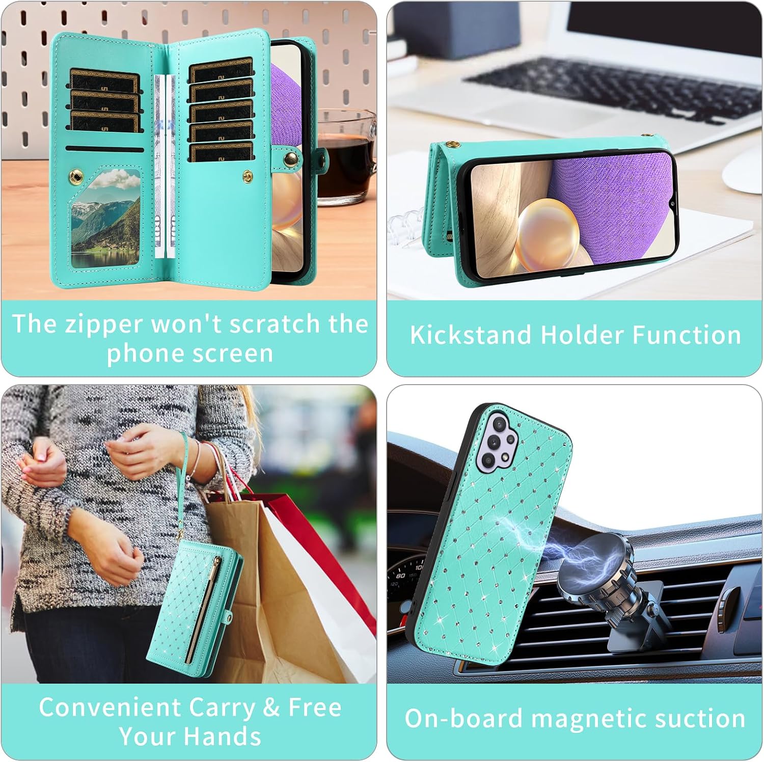Phone Case for Samsung Galaxy A32 5G 2021 6.5 inch Zipper Wallet Detachable Cell Cover with Screen Protector Crossbody Strap Bling Flip Credit Card Holder M32 G5 A 32 32A S32 SM-A326U A326U Women Teal