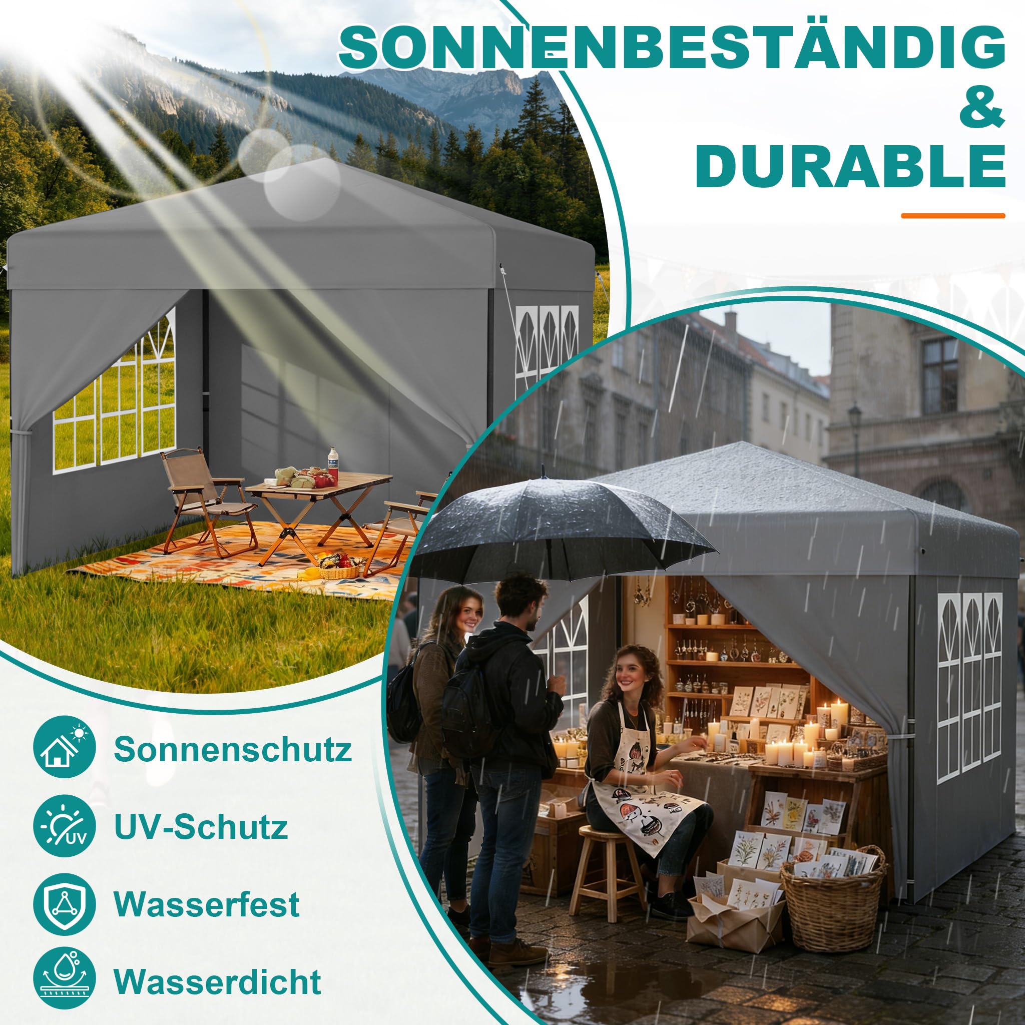YRHome 2.5x2.5m Pop Up Faltpavillon Wasserdicht Pavillon Faltbar Stabil Winterfest mit Seitenwänden Gartenpavillon Höhenverstellbar Gartenzelt UV Schutz Partyzelt Festzelt inkl.Tragtasche - Grau