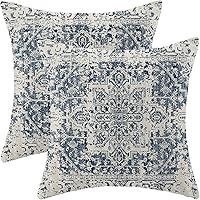 Boho Pillow Covers 18x18 Set of 2 Linen Blue Ethnic Carpet Pattern Farmhouse Throw Pillows for Sofa Couch Outdoor Decor