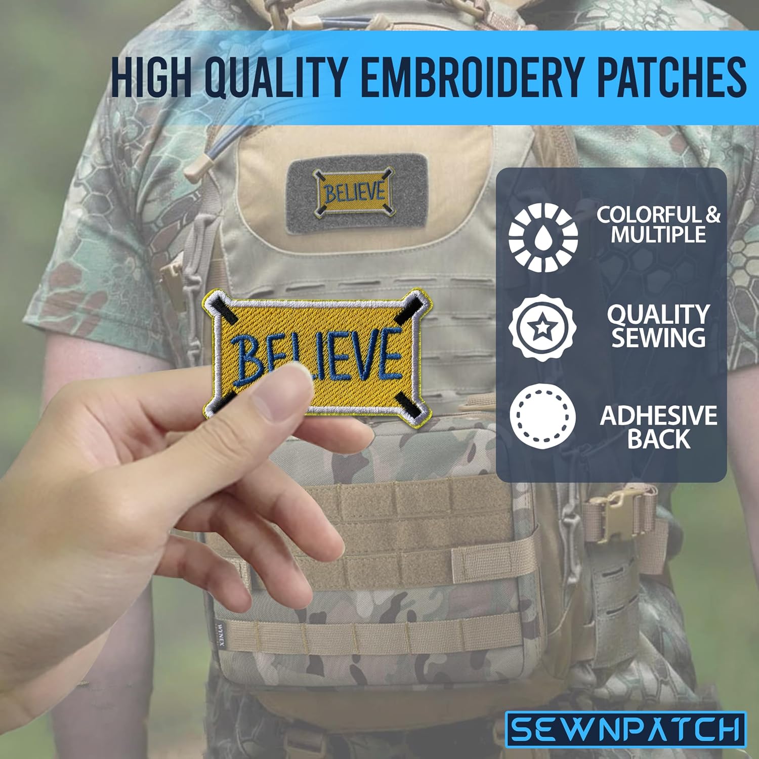 Believe Hook and Loop Patch for Backpacks Hats Vest Dog Harness Bags, Size 3" Sewing Patches, Motivation Tactical Appliques for Clothes, Positive Embroidery Patch, Gifts for Boys Girls Adult