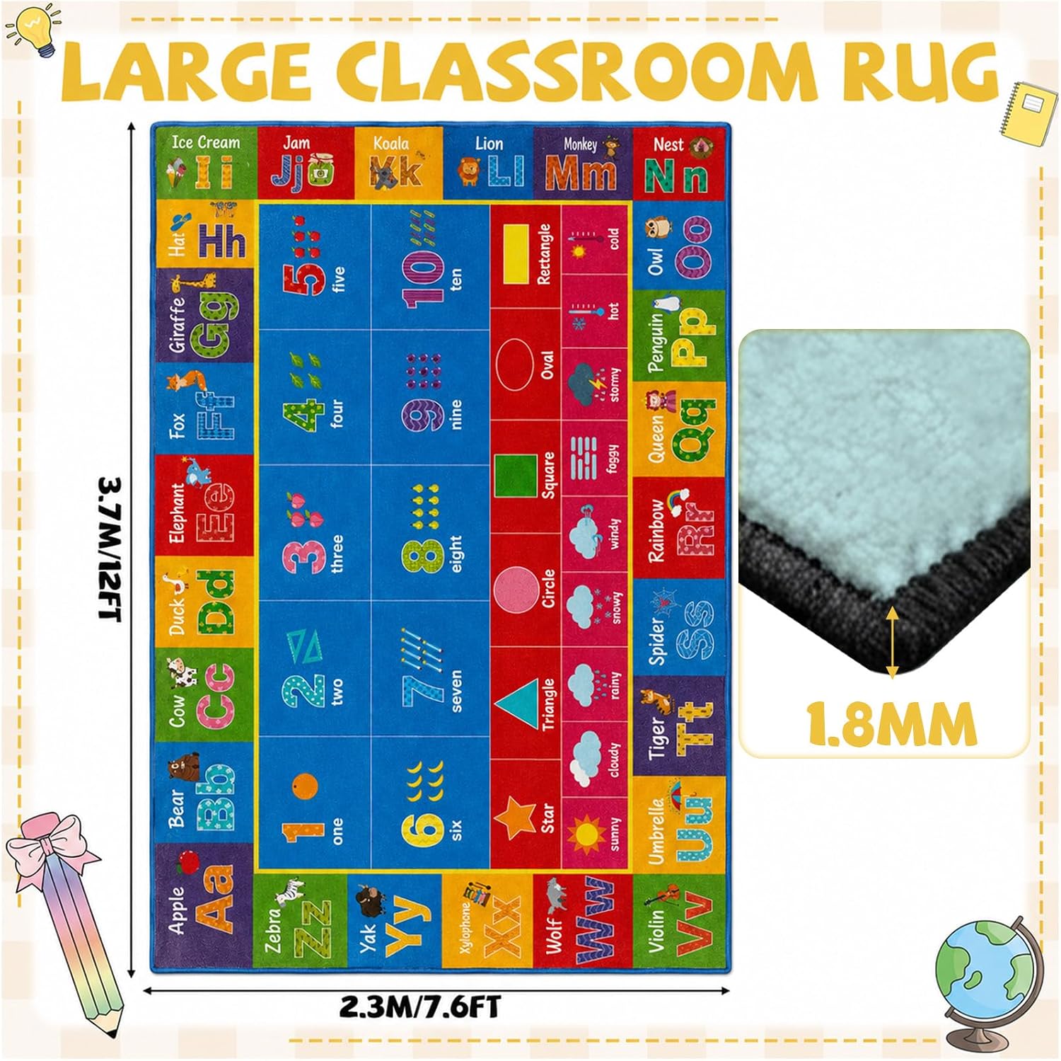 7.6x12 ft Large ABC Alphabet Classroom Rug Colorful Educational Area Mat Alphabets Shape Animal Fruit Play Carpet Educational Learning Mat for Back to School Preschool Nursery Kindergarten (Alphabet)