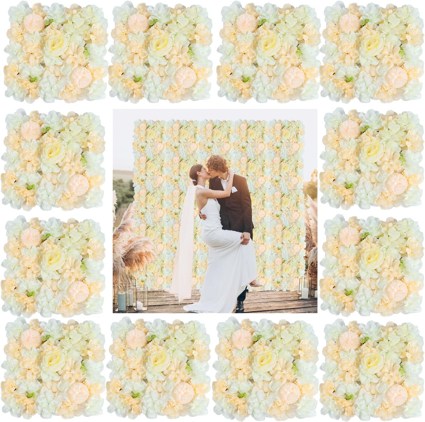 MODFUNS 12 Packs Floral Wall Backdrop Panels Champagne Silk Floral Wall Panels 3.75x5ft 3D Flower Wall Background Romantic Flower Panels for Backdrop Wedding Annversary Decor 12 PCS Champagne