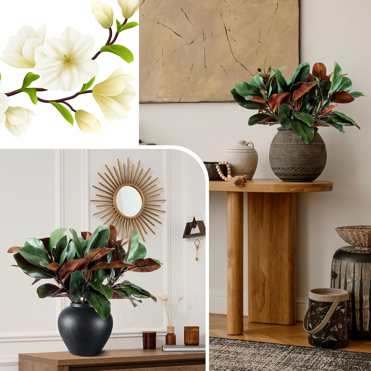 6 Pcs Magnolia Artificial Leaves Branches 3D Magnolia Pick Real Touch Faux Stems Simulation Leaves Twigs for Indoor Outdoor Vase Filling Home Office Table Decoration (Green,22 Inch) - Image 4