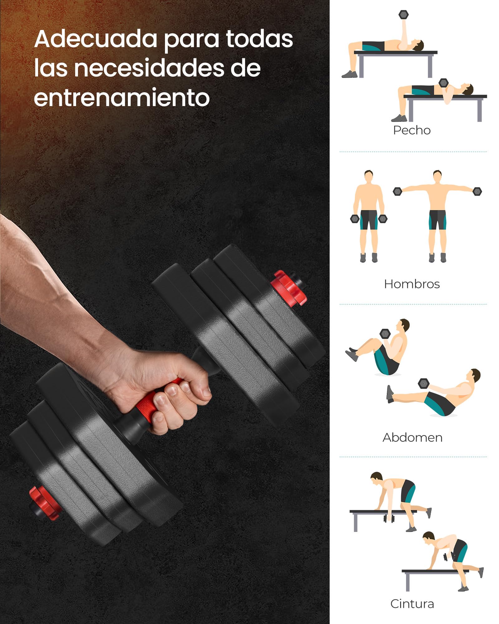 SONGMICS Juego de Mancuernas 10/20/30 kg, Mancuerna Ajustable, Peso Hexagonal para Entrenamiento, Fitness, Levantamiento en Casa, Gimnasio