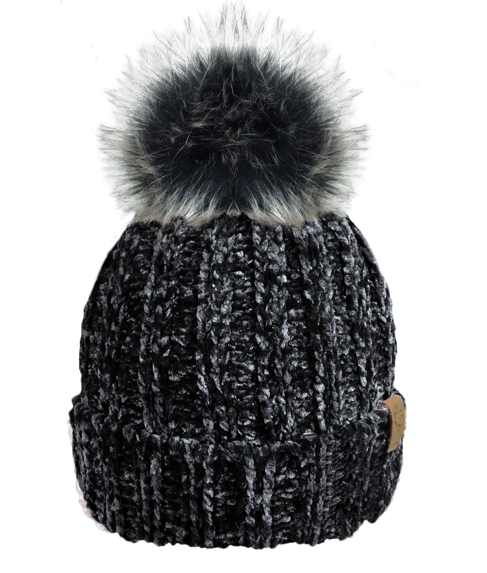 Rockjock Women's Black R80 Soft Chenille Rib Hat With Insulating Warm Teddy Fleece Liner And Detachable Faux Fur Pompom