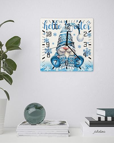 Miniatura 3 de Christmas Gnomes Wooden Wall Clock Silent Non Ticking, Blue Snowflake Winter Xmas Square Wall Clock Battery Operated, Decor Clock for Home Office,