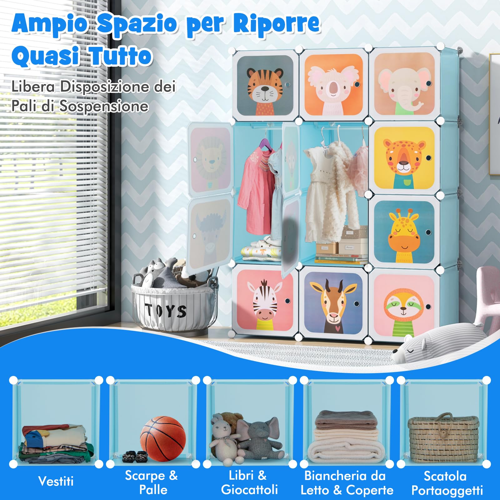 COSTWAY Guardaroba Portatile per Bambini, Armadio Portatile con 12 Cubi, Organizzatore Modulari per Camera dei Bambini Soggiorno, 109 x 35 x 145 cm (Blu)
