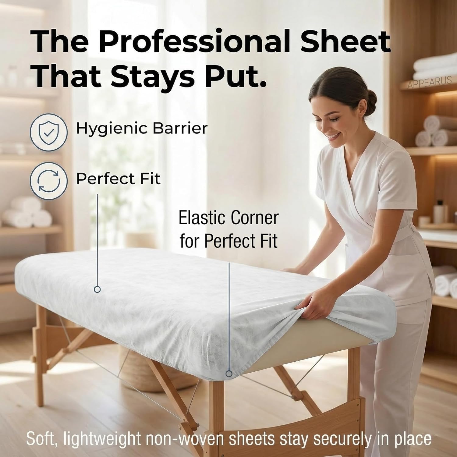 Disposable Fitted Massage Table Sheets 10 Pack 76x36x6 for Spa Bed Esthetician Chair White Non Woven Elastic Protective Covers for Tattoo Facial Lash and Waxing APPEARUS