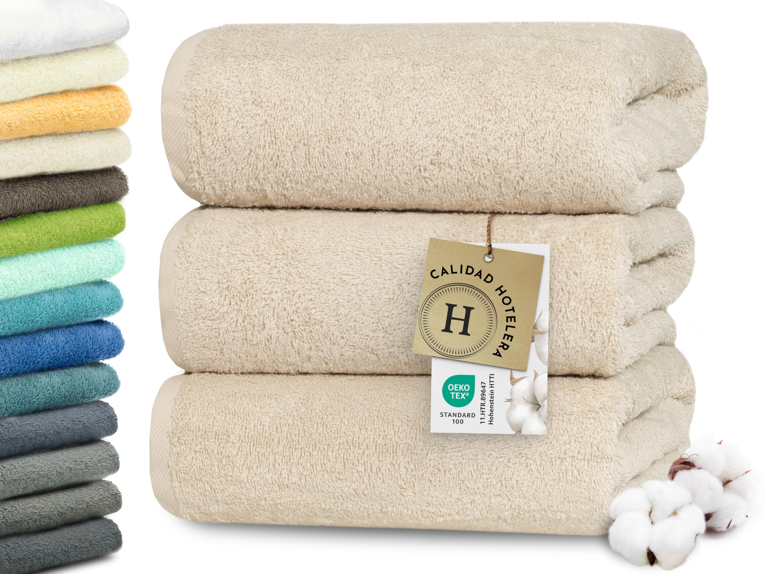 ZOLLNER Juego de 3 Toallas de Ducha de 70 x 140 cm: Toallas Especialmente Suaves y absorbentes en Color Caramelo, con práctico Colgador, Lavables hasta 95 °C, de algodón, Calidad hotelera