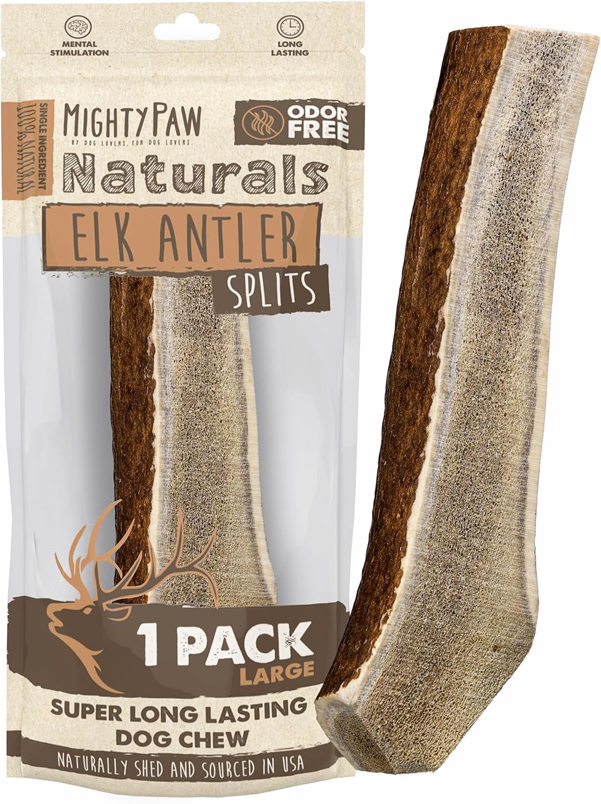 Mighty Paw Split Elk Antlers for Dogs (Sourced in The USA) | 1 Pack, Large 7"+ Long Lasting Bones for Aggressive Chewers - Naturally Shed Split Deer Antler for Dogs - Low Odor Chews