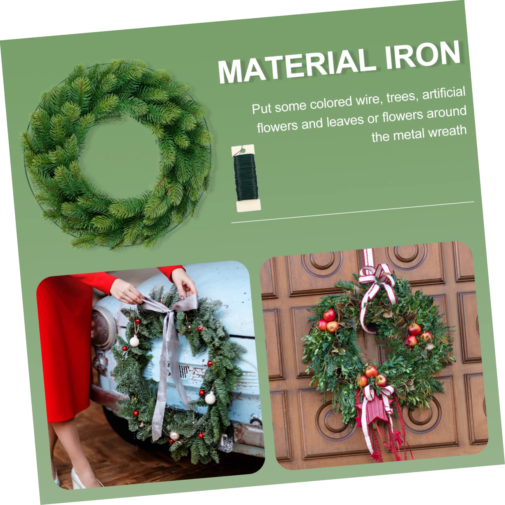 Gatuida 3 Stück Grüner Metallkranzringe aus Eisen Rund Stabil und Formbeständig mit 1 Rolle Draht für Bastelarbeiten Weihnachtsdeko und Garten